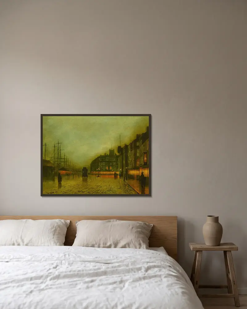 Liverpool Docks av John Atkinson Grimshaw inramad på en vägg