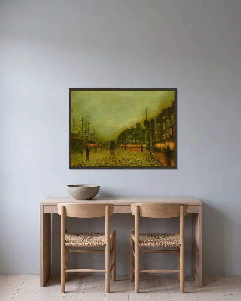Liverpool Docks av John Atkinson Grimshaw inramad på en vägg