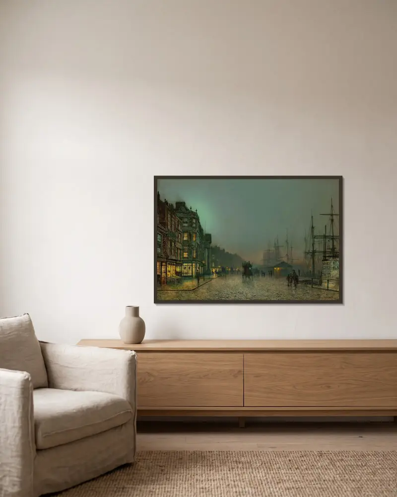Liverpool Lights av John Atkinson Grimshaw inramad på en vägg