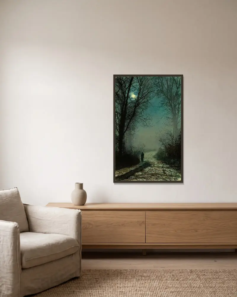 Älskande på en månskensstig av John Atkinson Grimshaw inramad på en vägg