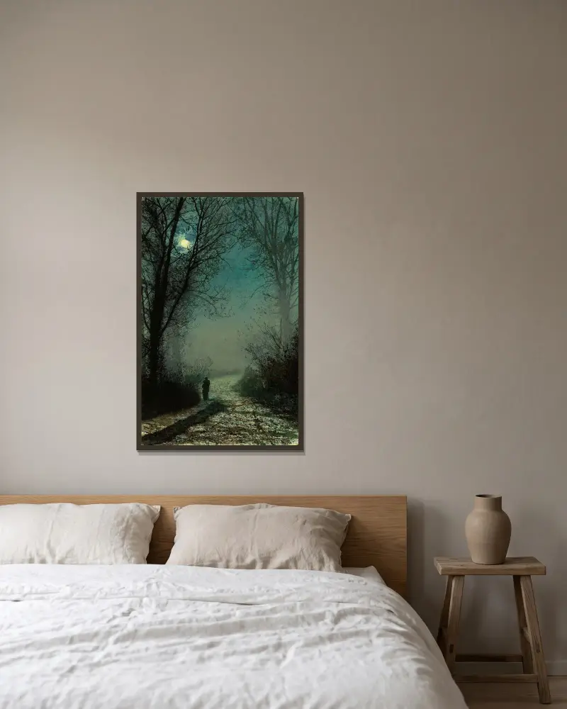 Älskande på en månskensstig av John Atkinson Grimshaw inramad på en vägg