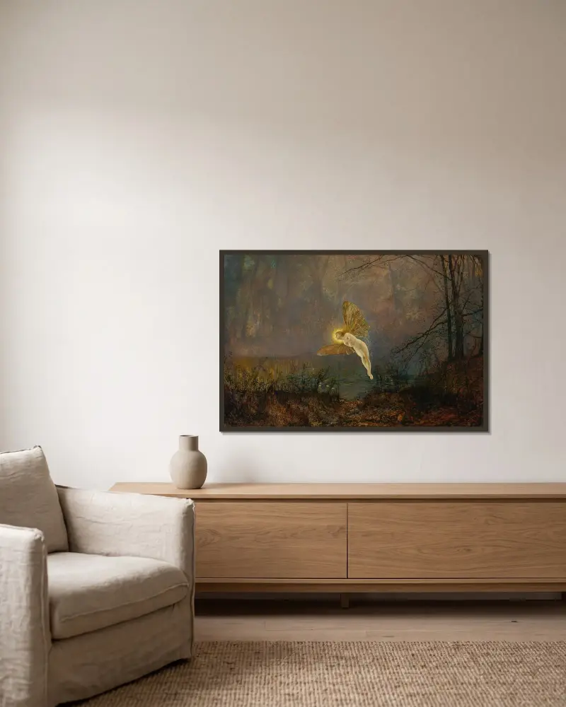 Midsommarnatt eller Iris av John Atkinson Grimshaw inramad på en vägg