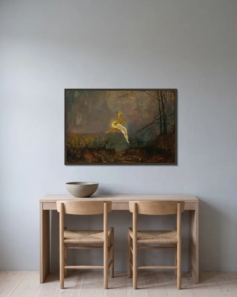 Midsommarnatt eller Iris av John Atkinson Grimshaw inramad på en vägg