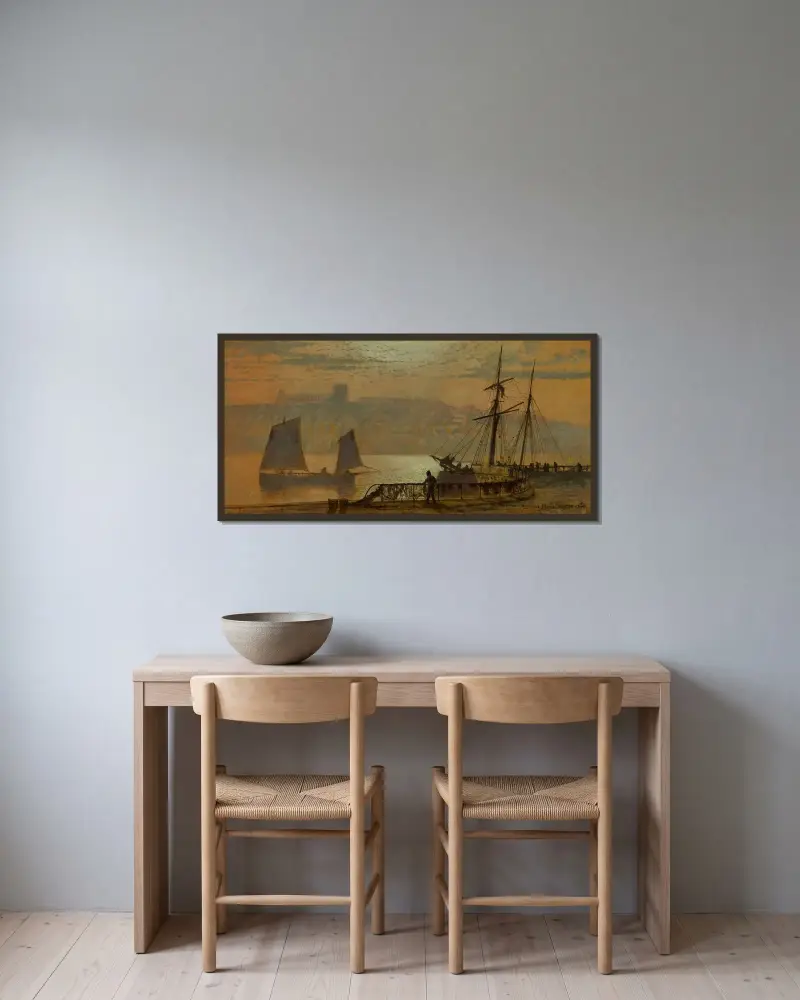 Måne, gasljus och stjärnljus, Whitby av John Atkinson Grimshaw inramad på en vägg