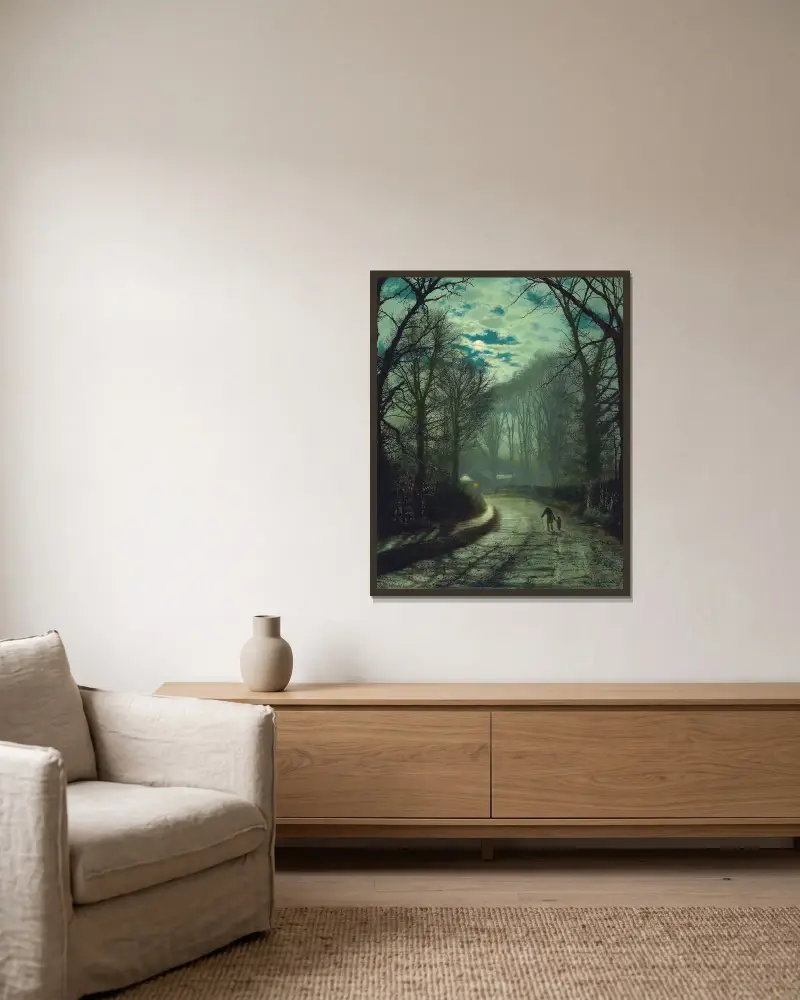På väg hem av John Atkinson Grimshaw inramad på en vägg