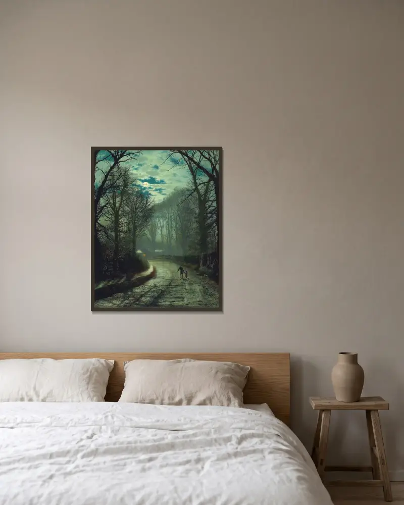 På väg hem av John Atkinson Grimshaw inramad på en vägg