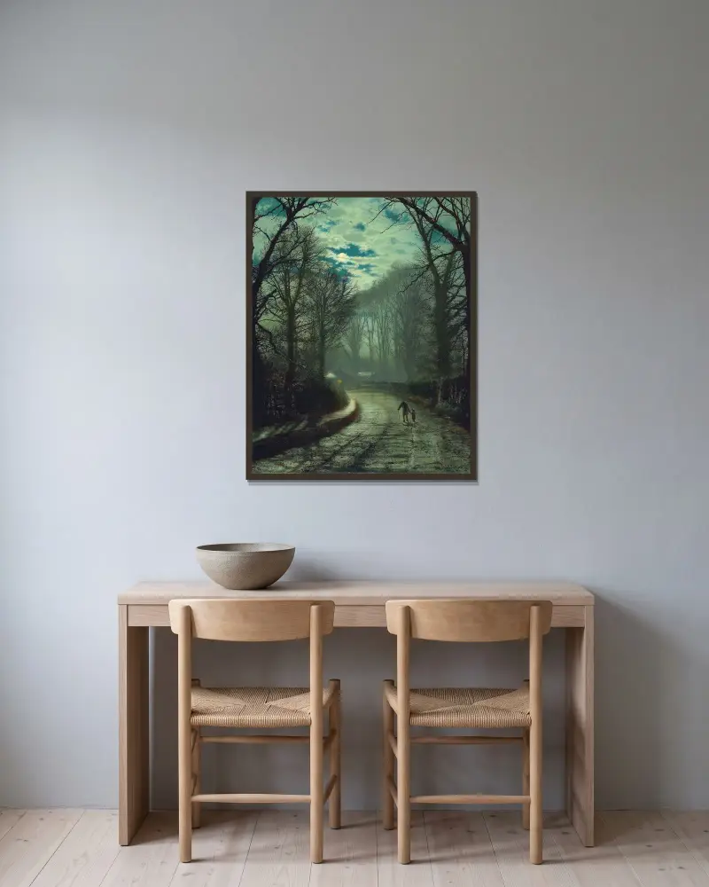 På väg hem av John Atkinson Grimshaw inramad på en vägg