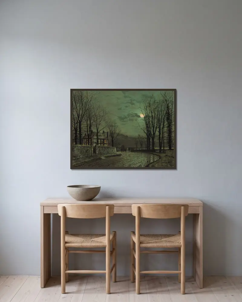Novembermondlicht von John Atkinson Grimshaw gerahmt an einer Wand