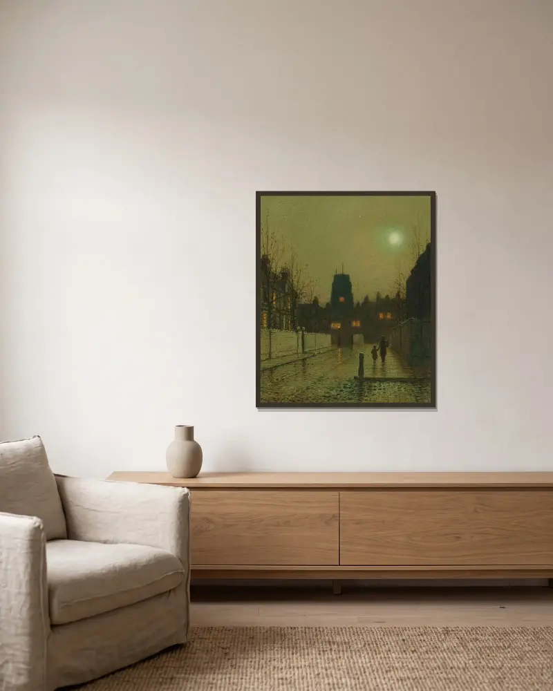 Old Chelsea av John Atkinson Grimshaw inramad på en vägg