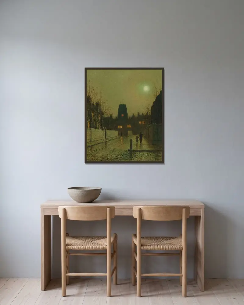 Old Chelsea av John Atkinson Grimshaw inramad på en vägg