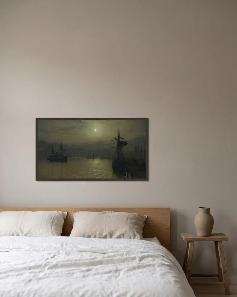 Gamla Scarborough, fullmåne, högvatten av John Atkinson Grimshaw inramad på en vägg