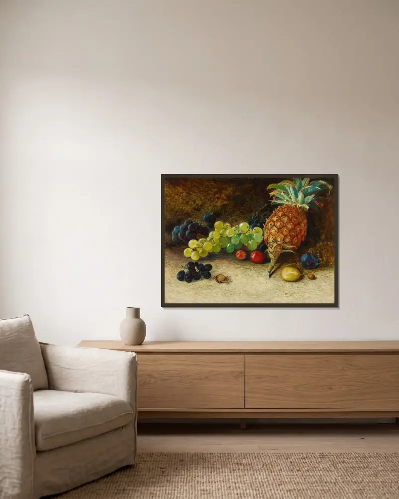 Stilleben med ananas, druvor, nötter och plommon av John Atkinson Grimshaw inramad på en vägg