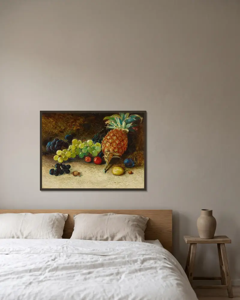 Stilleben med ananas, druvor, nötter och plommon av John Atkinson Grimshaw inramad på en vägg