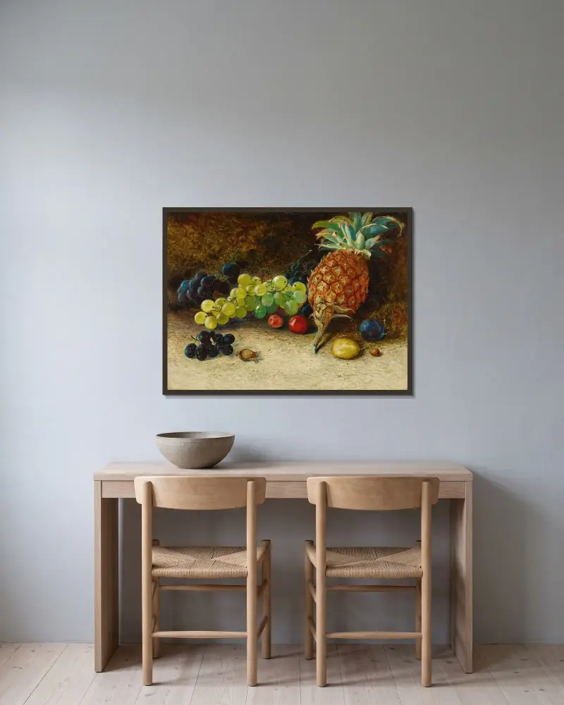 Stilleben med ananas, druvor, nötter och plommon av John Atkinson Grimshaw inramad på en vägg
