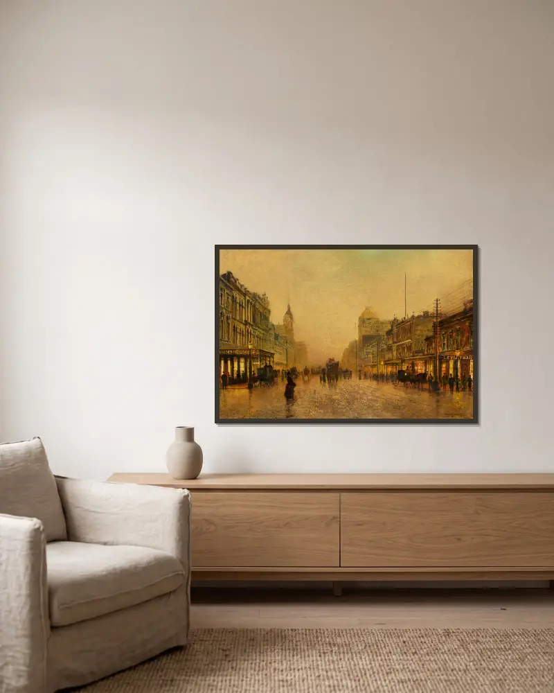 Swanston Street, Melbourne av John Atkinson Grimshaw inramad på en vägg