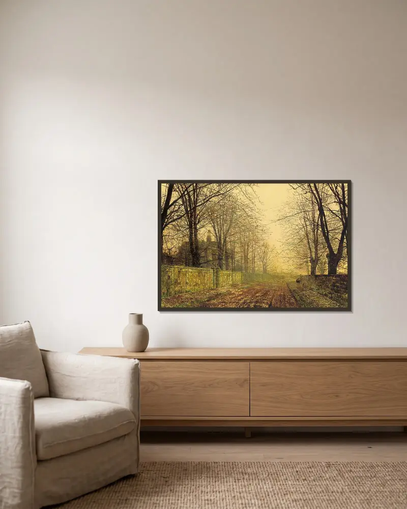 The Sere and Yellow Leaf av John Atkinson Grimshaw inramad på en vägg