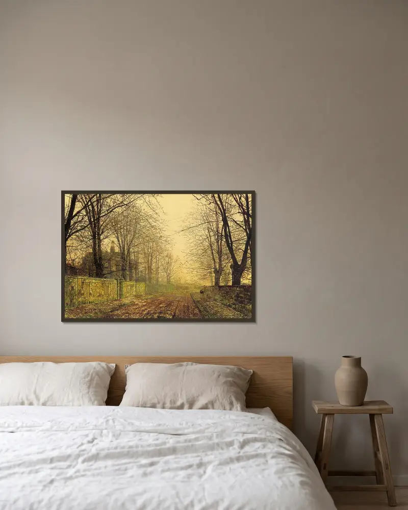 The Sere and Yellow Leaf av John Atkinson Grimshaw inramad på en vägg