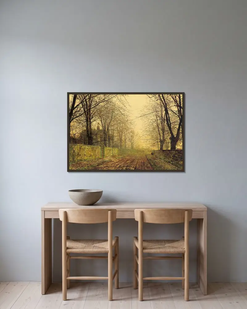 The Sere and Yellow Leaf av John Atkinson Grimshaw inramad på en vägg