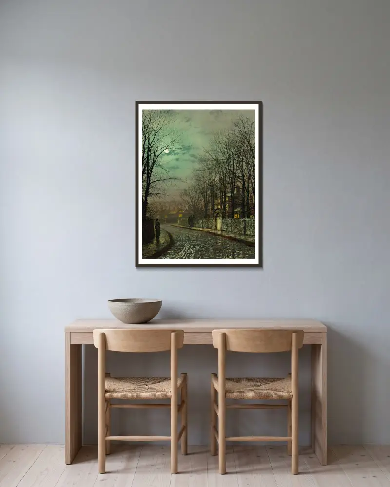 Mötet, John Atkinson Grimshaw v rámu na stěně