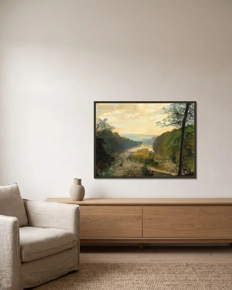 Wharfe-dalen, med Barden Tower bortom av John Atkinson Grimshaw inramad på en vägg