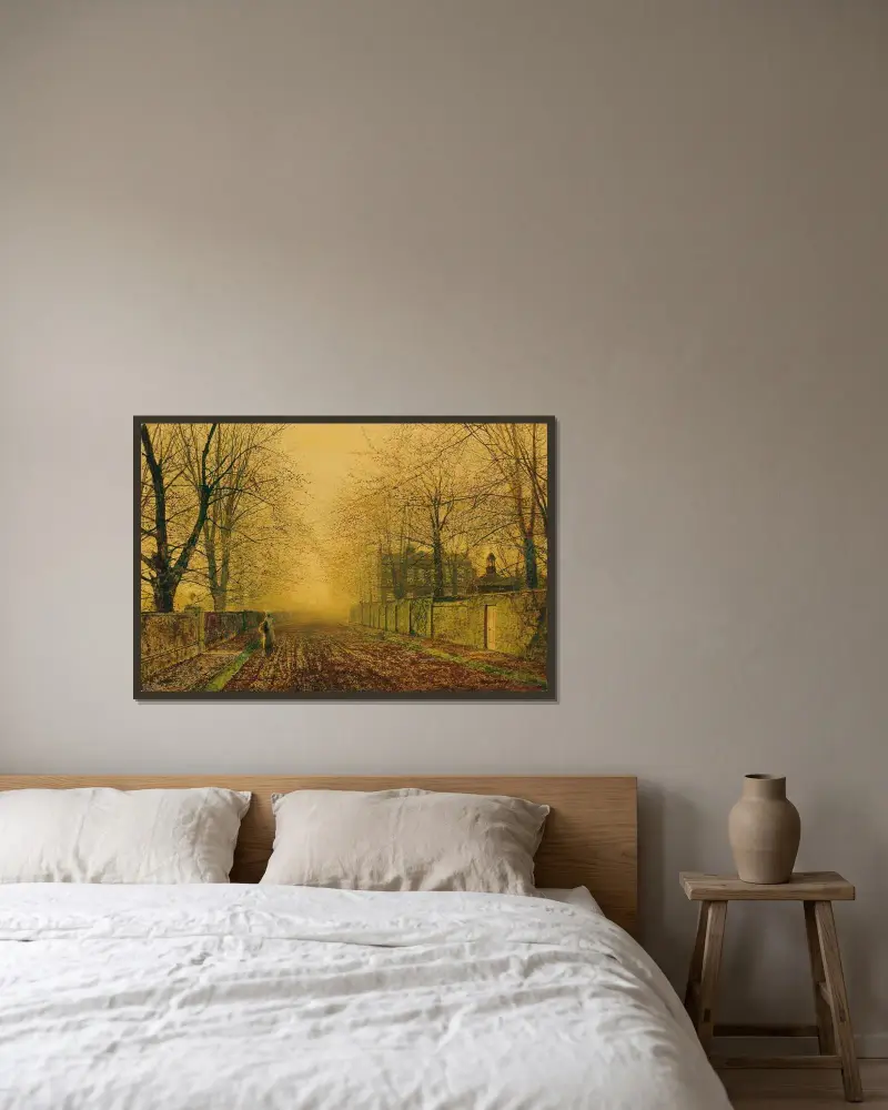 Under bokarna av John Atkinson Grimshaw inramad på en vägg