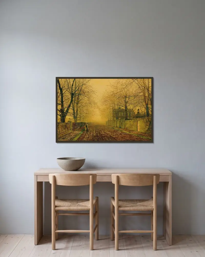Under bokarna av John Atkinson Grimshaw inramad på en vägg