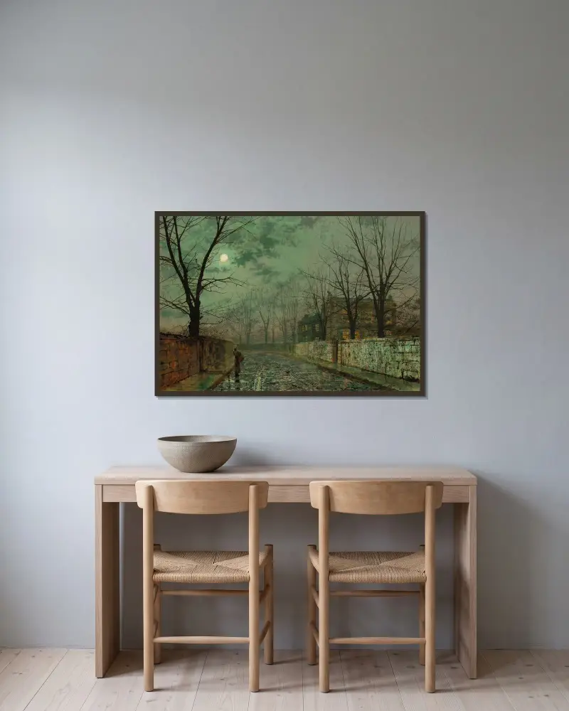 Under de silvervita månstrålarna av John Atkinson Grimshaw inramad på en vägg