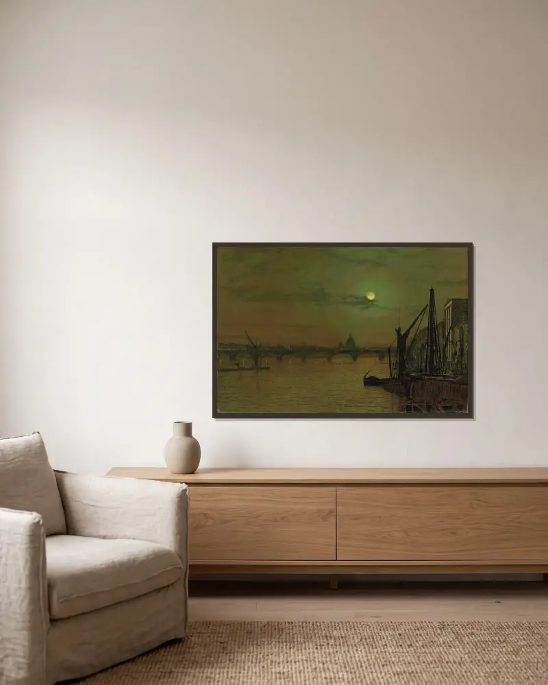 Waterloo Bridge, London, mot öster av John Atkinson Grimshaw inramad på en vägg
