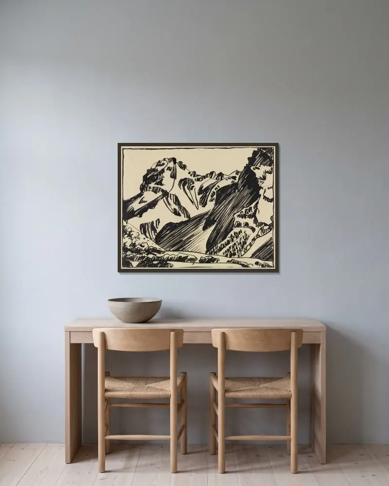Bergslandskap i Bergell av August Babberger inramad på en vägg