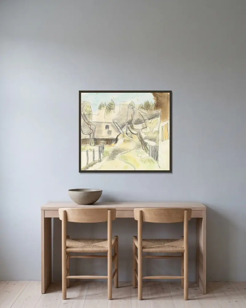 Höll; Vor dem Haus im Winter (Straße) av August Babberger inramad på en vägg