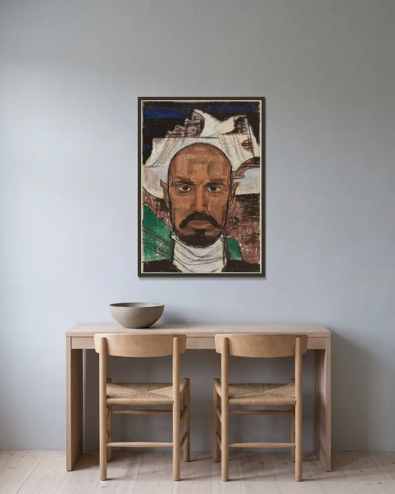 Självporträtt med horn av August Babberger inramad på en vägg