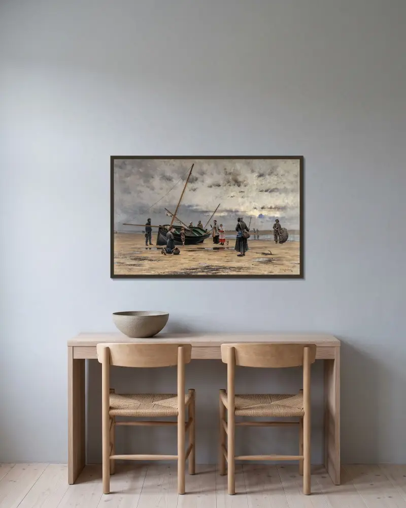 Välsignelse av en fiskebåt av August Hagborg inramad på en vägg
