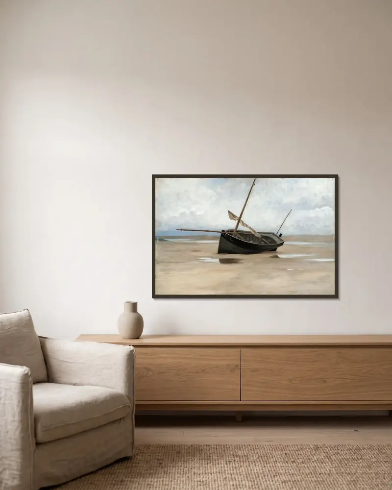 Boat on Shore av August Hagborg inramad på en vägg
