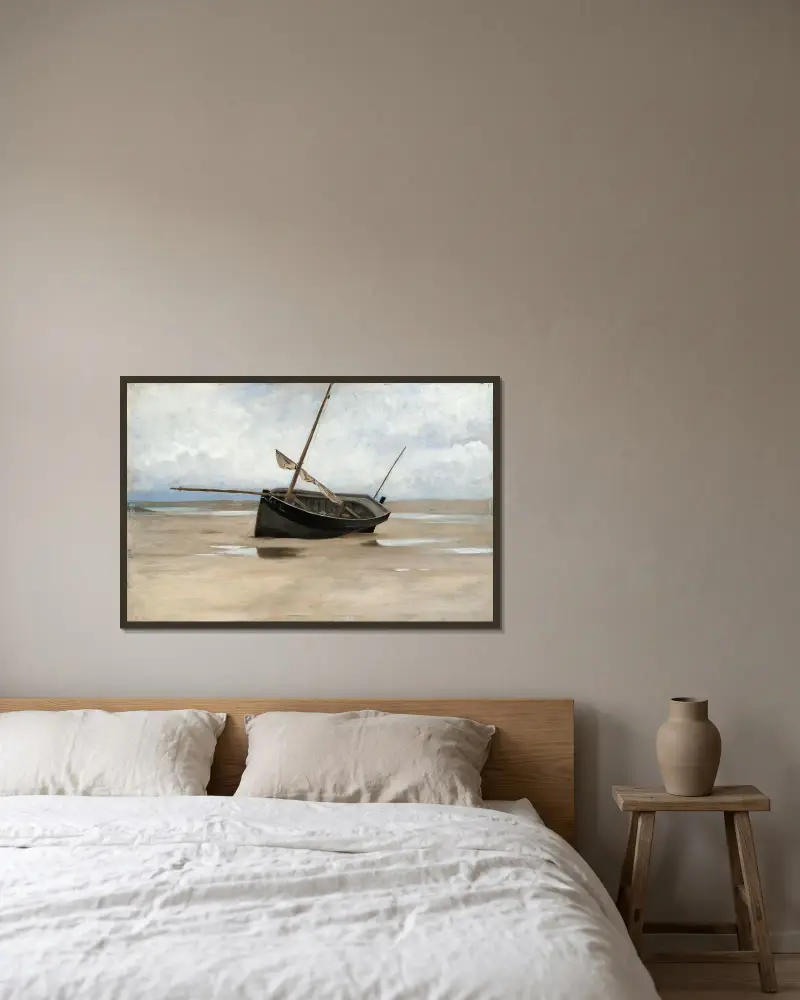 Boat on Shore av August Hagborg inramad på en vägg
