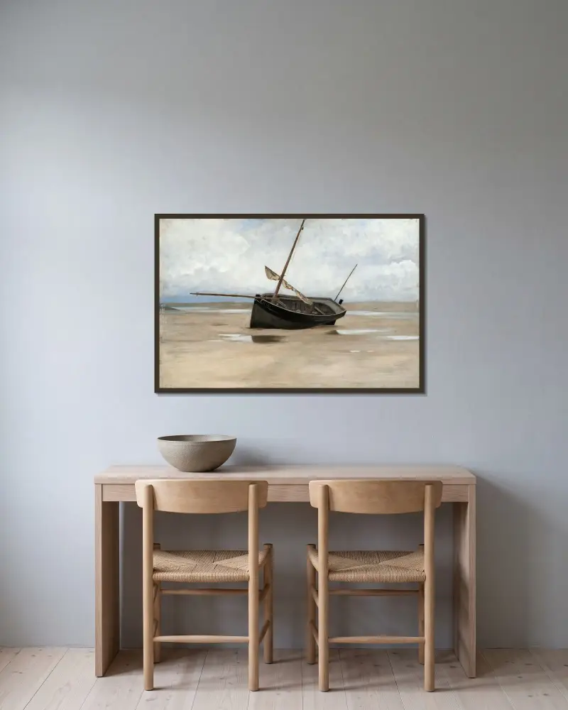 Boat on Shore av August Hagborg inramad på en vägg