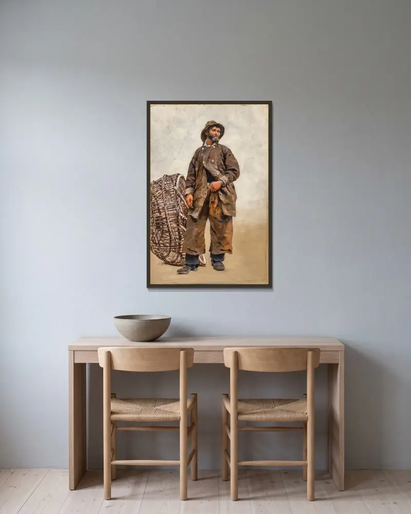 Fisherman with Basket av August Hagborg inramad på en vägg