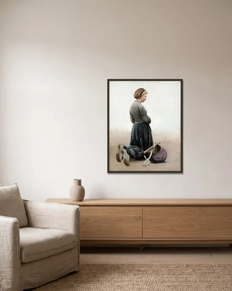 Girl kneeling av August Hagborg inramad på en vägg