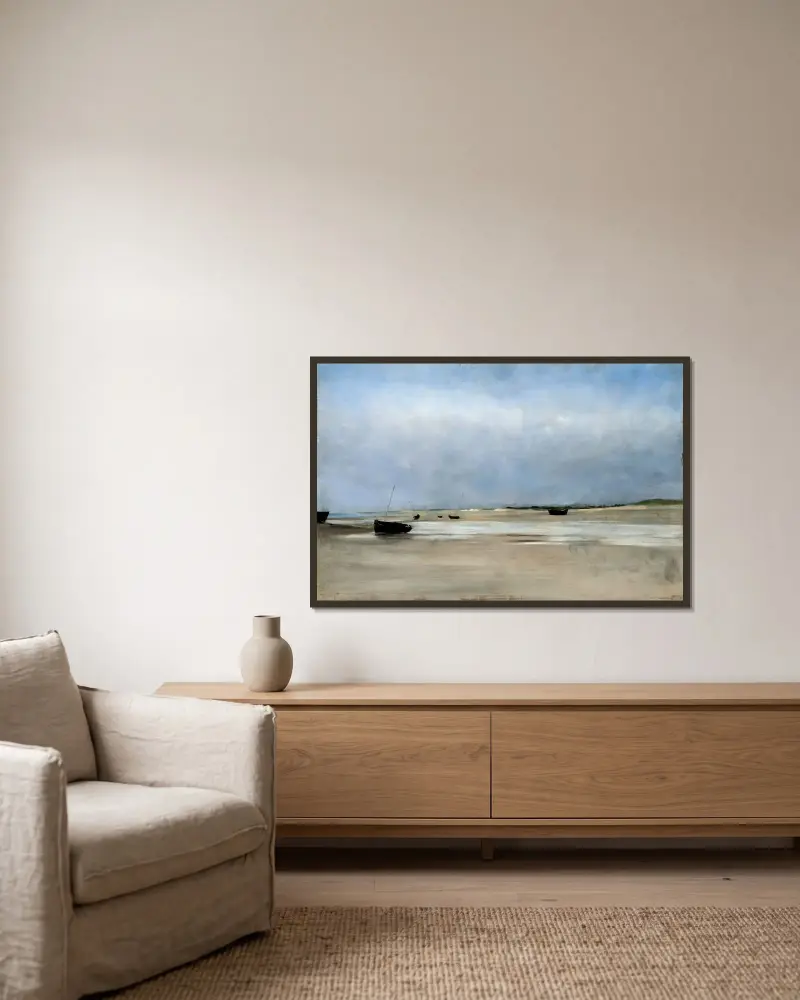 Shore with Boats av August Hagborg inramad på en vägg