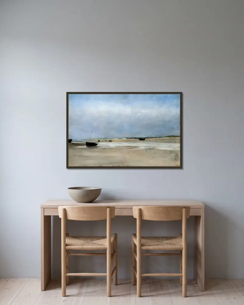 Shore with Boats av August Hagborg inramad på en vägg