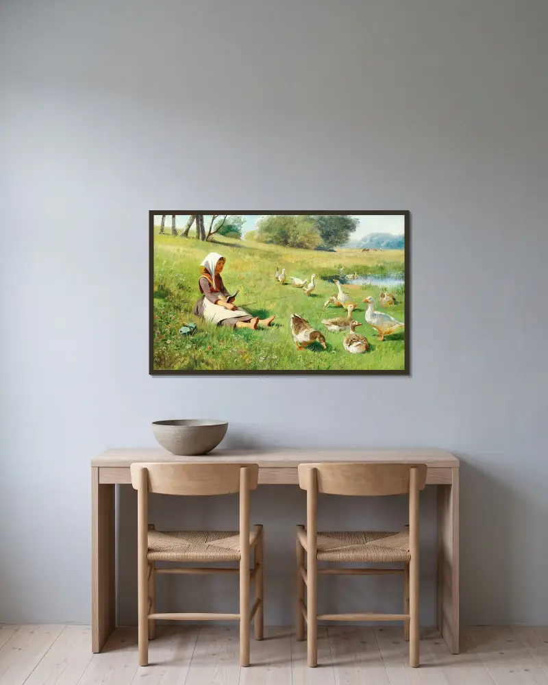 Dívka hlídá husy, Oluf August Hermansen v rámu na stěně