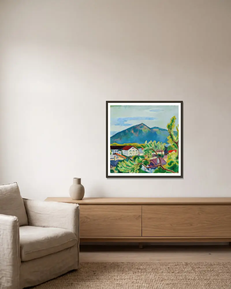 Frühlingslandschaft in Tegernsee av August Macke inramad på en vägg