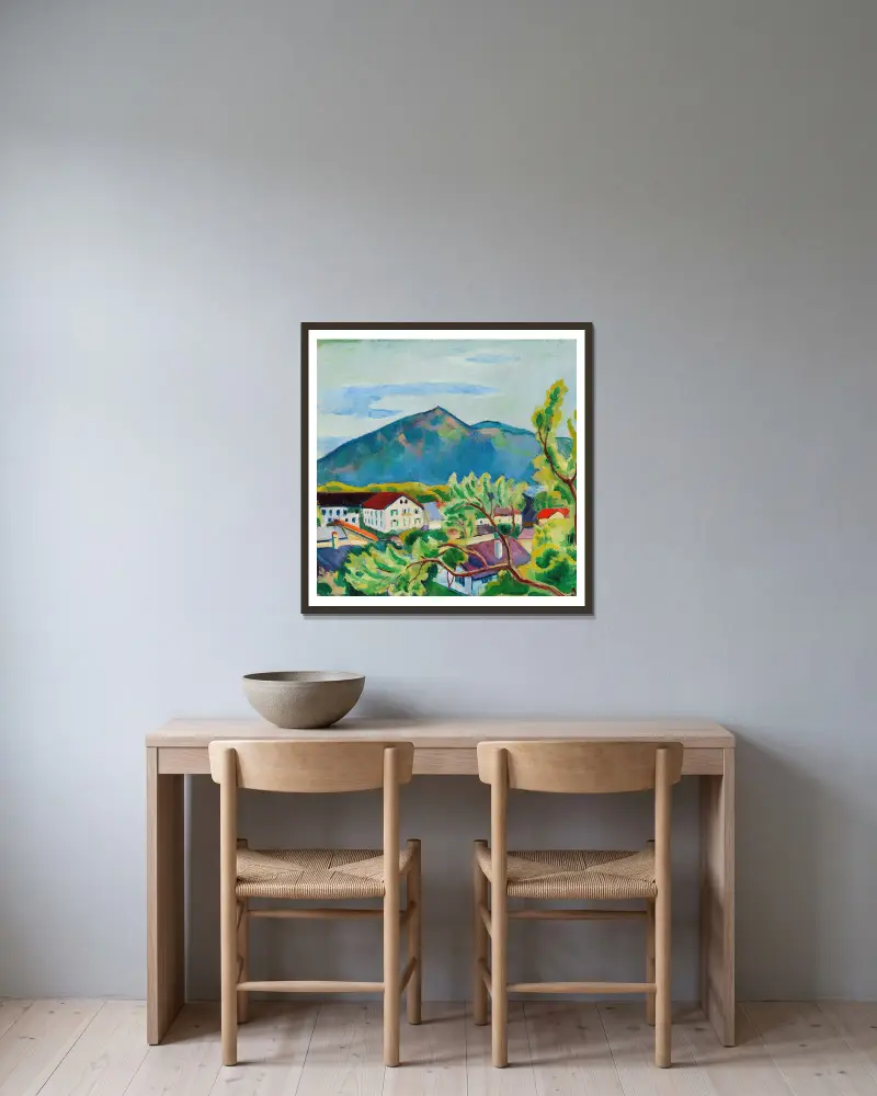 Frühlingslandschaft in Tegernsee av August Macke inramad på en vägg