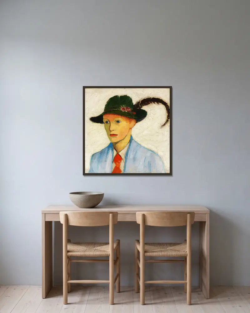 Chlapec s péřovým kloboukem, August Macke v rámu na stěně