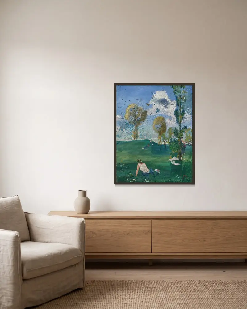 Landschaft mit antiken Figuren von August Macke gerahmt an einer Wand