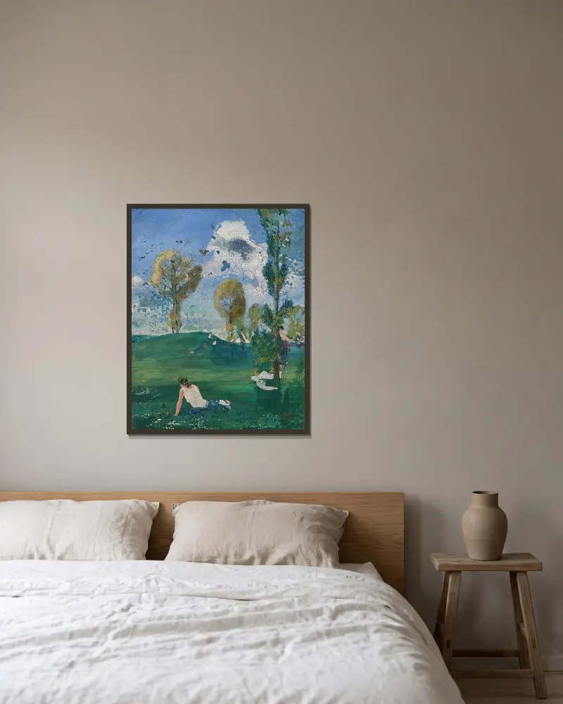 Landschaft mit antiken Figuren von August Macke gerahmt an einer Wand