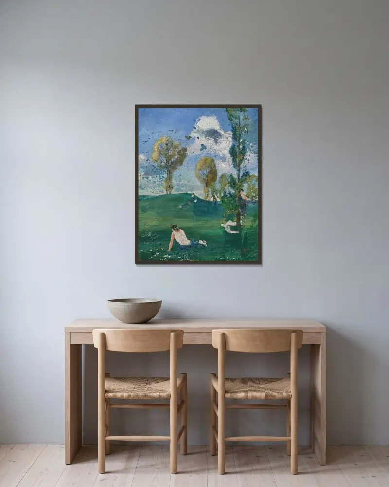 Landschaft mit antiken Figuren von August Macke gerahmt an einer Wand