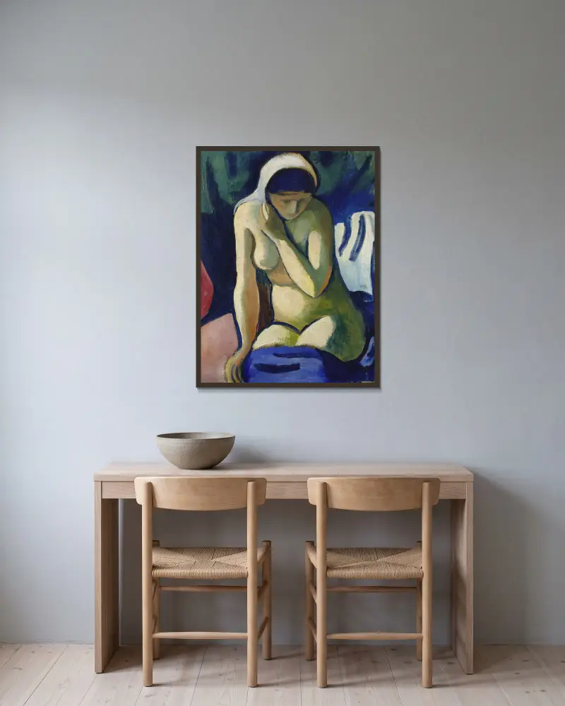 Naked Girl with Headscarf av August Macke inramad på en vägg