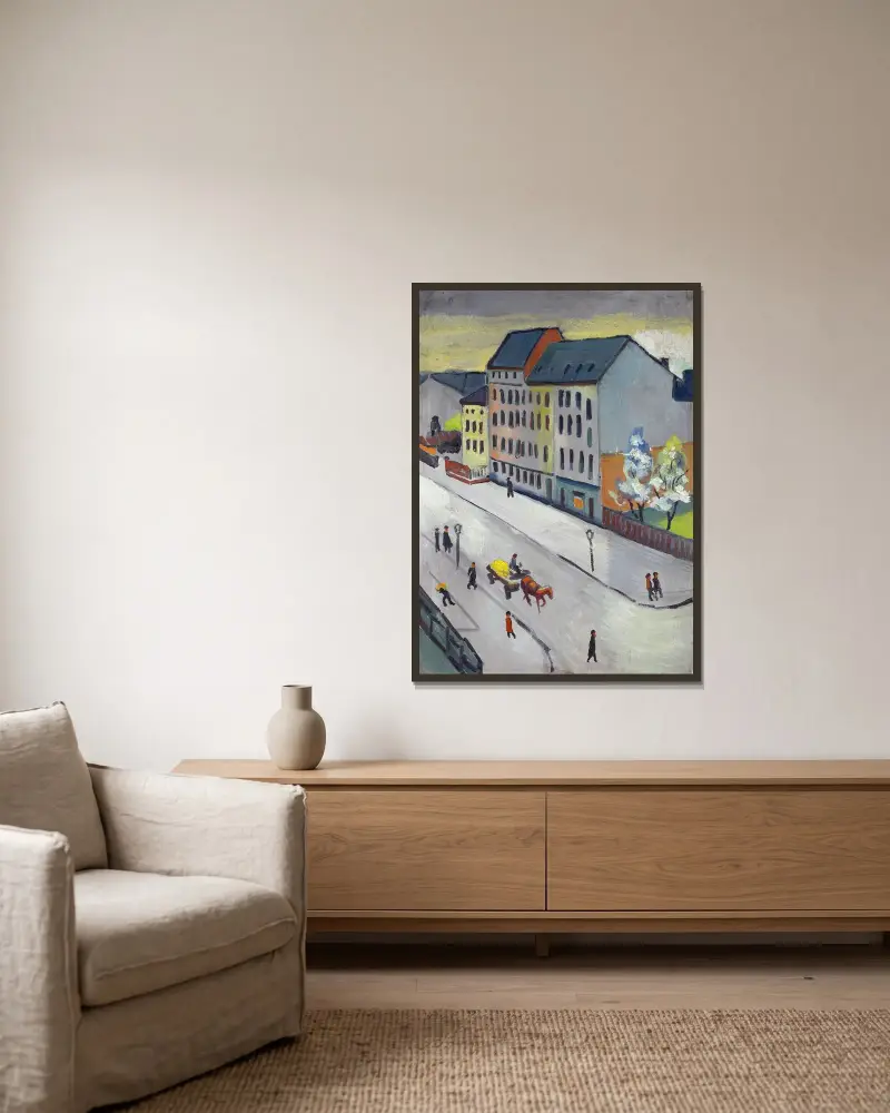 Unsere Straße in Grau von August Macke gerahmt an einer Wand