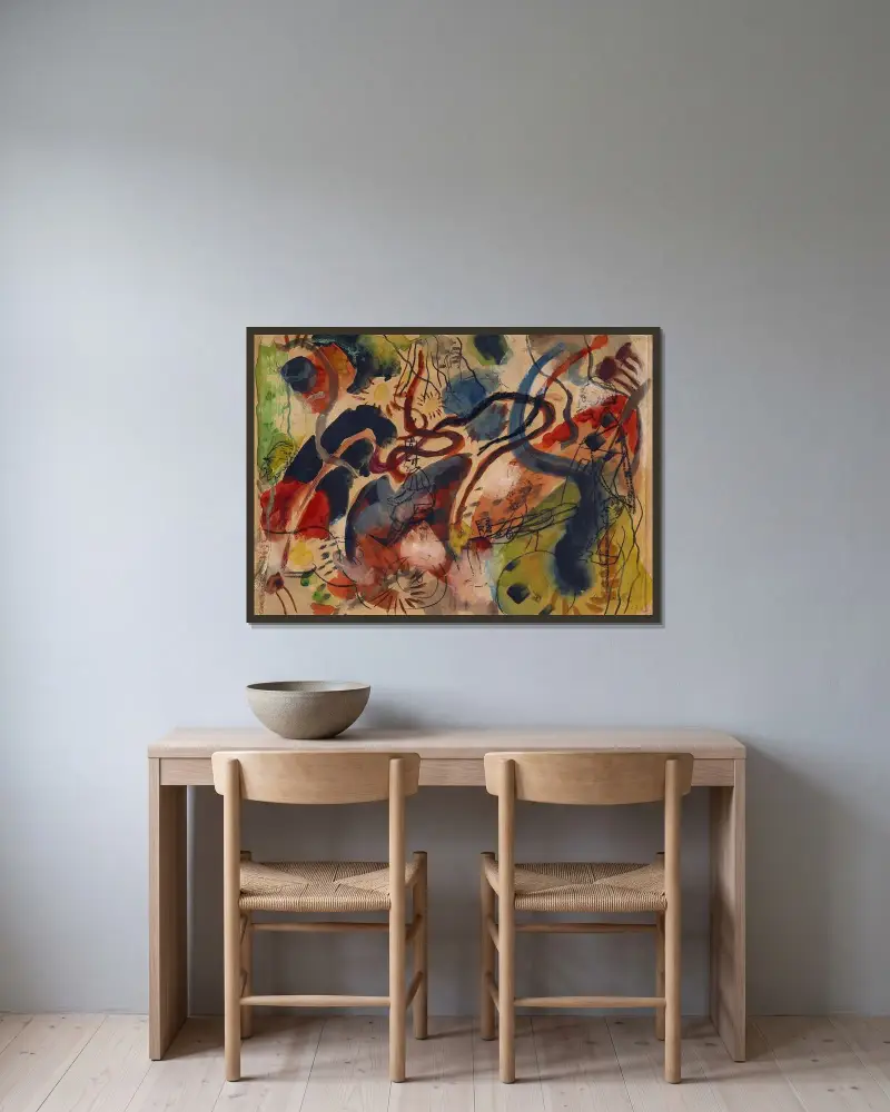 Satirical figure on the Blue Rider av August Macke inramad på en vägg