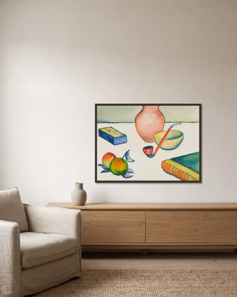 Stilleben mit Pfeife und Äpfeln von August Macke gerahmt an einer Wand